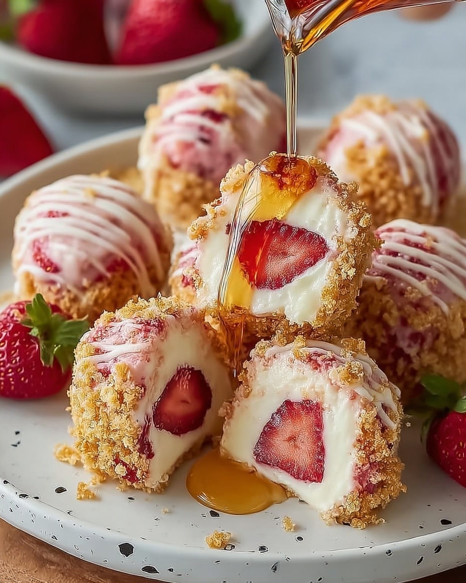 The image shows small round desserts on a white plate. Each dessert has three layers: a crunchy golden-brown crumb coating on the outside, a creamy white filling inside, and a bright red strawberry center. On top, there is a drizzle of white sauce and a swirl of pale pink cream. One dessert is cut open, showing the strawberry in the middle surrounded by creamy filling and the crumb layer outside. The plate is set on a white marbled surface. Photo taken with an iphone --ar 4:5 --v 7