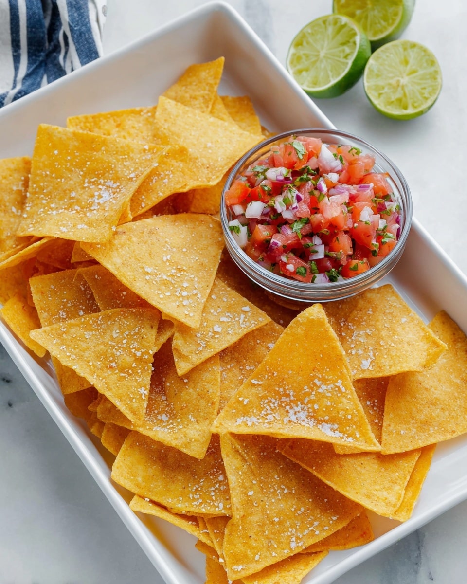 A close-up image of golden-yellow triangular tortilla chips stacked inside a black air fryer basket. The chips have a slightly rough texture and are sprinkled with coarse white sea salt. Around the basket, a few chips are scattered on a white marbled surface. The image shows a crisp and crunchy look to the chips, with some edges slightly browned, indicating they are freshly cooked. photo taken with an iphone --ar 4:5 --v 7