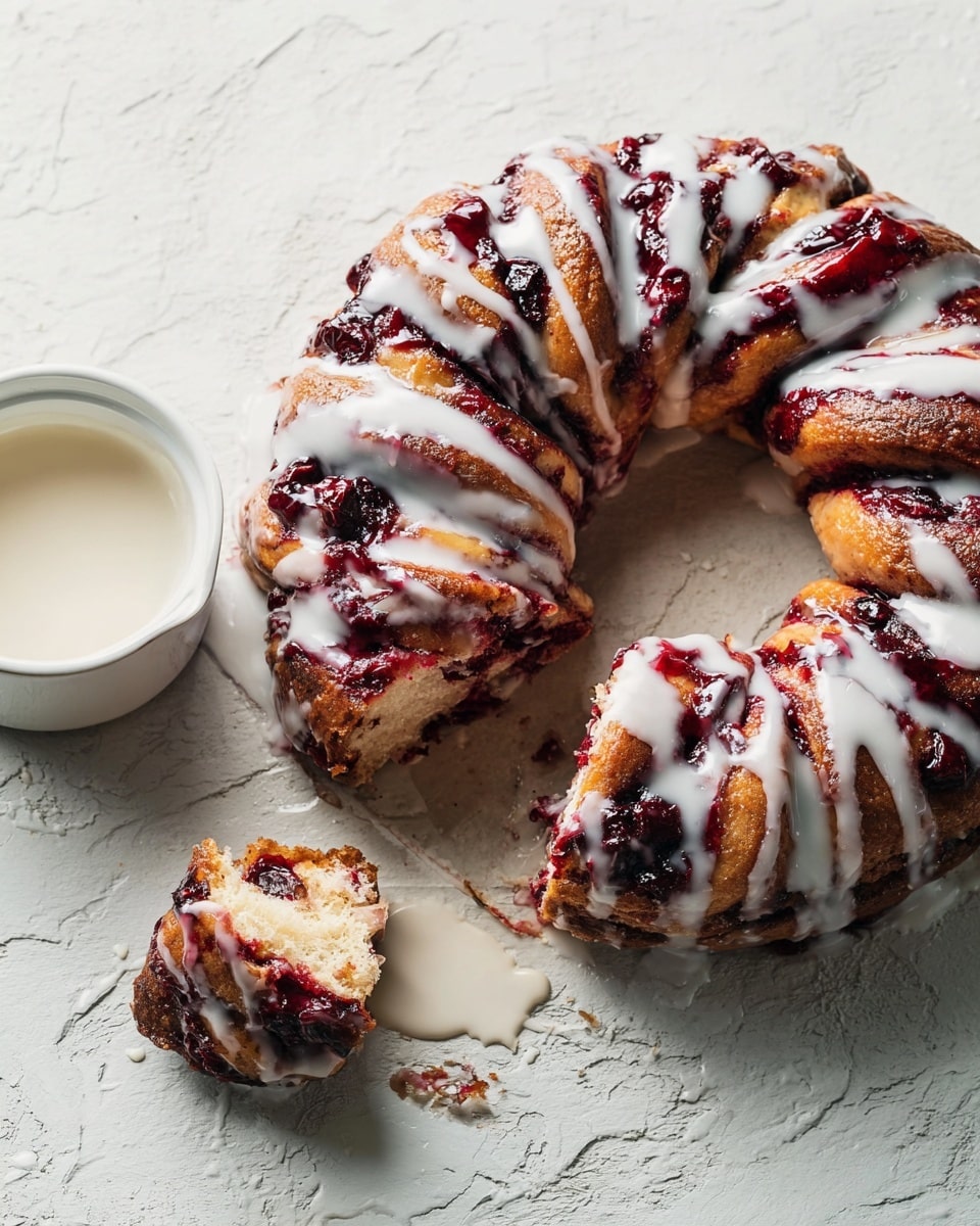 A round, ring-shaped baked bread with rich, dark red fruit filling visible between the twisted dough layers, topped with smooth white glaze drizzled unevenly across the top. The bread is golden brown with a slightly crispy texture, and a small piece is broken off showing a soft inside mixed with the dark red fruit. A small white bowl with extra white glaze sits nearby on a white marbled surface, with some glaze spilled on the side. photo taken with an iphone --ar 4:5 --v 7