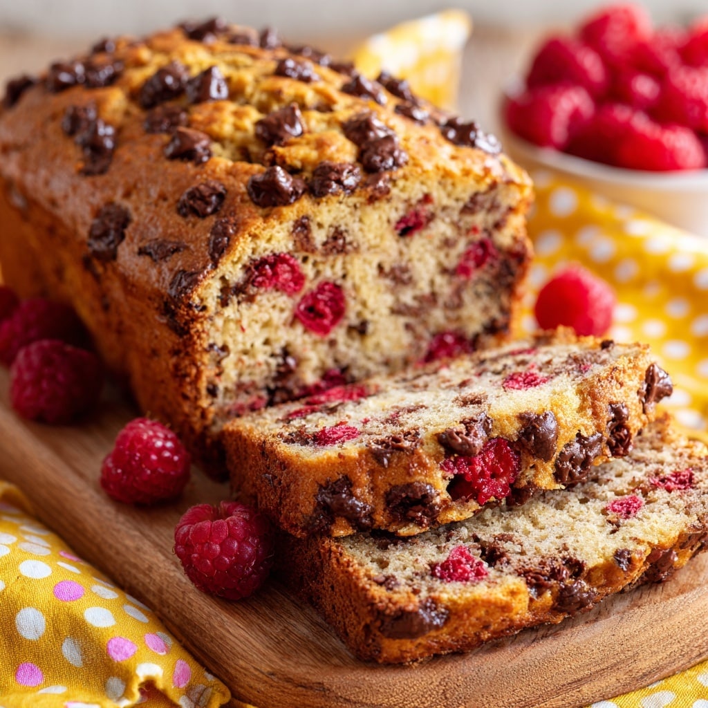 A loaf of banana bread with two slices cut from the front shows a dense, moist texture inside. The bread is light brown with a golden crust on top, dotted with dark brown chocolate chips and bright red raspberries mixed evenly throughout. The loaf is placed on a light wooden cutting board, which lies on a yellow cloth with white, pink, and orange polka dots. photo taken with an iphone --ar 4:5 --v 7