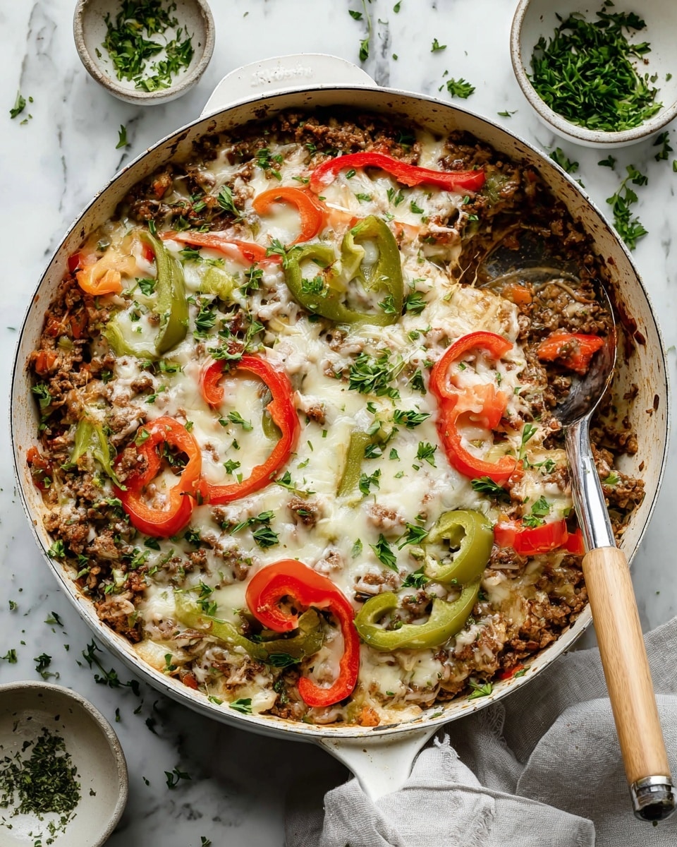 A white plate holds a serving of a baked dish with three visible layers: the bottom layer is made of cooked ground meat in light brown with crumbly texture; the middle layer consists of sautéed sliced green bell peppers and translucent white onions; the top layer is melted cheese with a golden-brown crust, dotted with small bits of green garnish. A silver fork rests on the right side of the plate with some ground meat pieces around it. The setting includes a white marbled surface and a small white bowl with some dried herbs near the plate. photo taken with an iphone --ar 4:5 --v 7