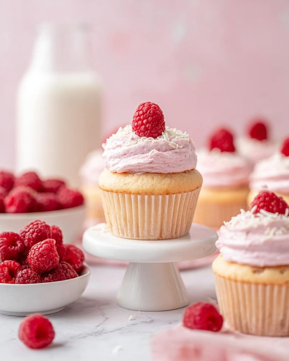 A light golden cupcake sits centered on a small white pedestal, topped with two swirled layers of soft pink frosting sprinkled with thin white chocolate curls, and crowned with a fresh red raspberry. Surrounding the main cupcake are more cupcakes with the same frosting and raspberry arrangement, set on a white marbled surface. To the left, a white bowl overflowing with fresh raspberries adds vibrant red color, and a clear glass bottle of milk is softly blurred in the background. The whole scene is bright and airy with a soft pink backdrop. Photo taken with an iphone --ar 4:5 --v 7