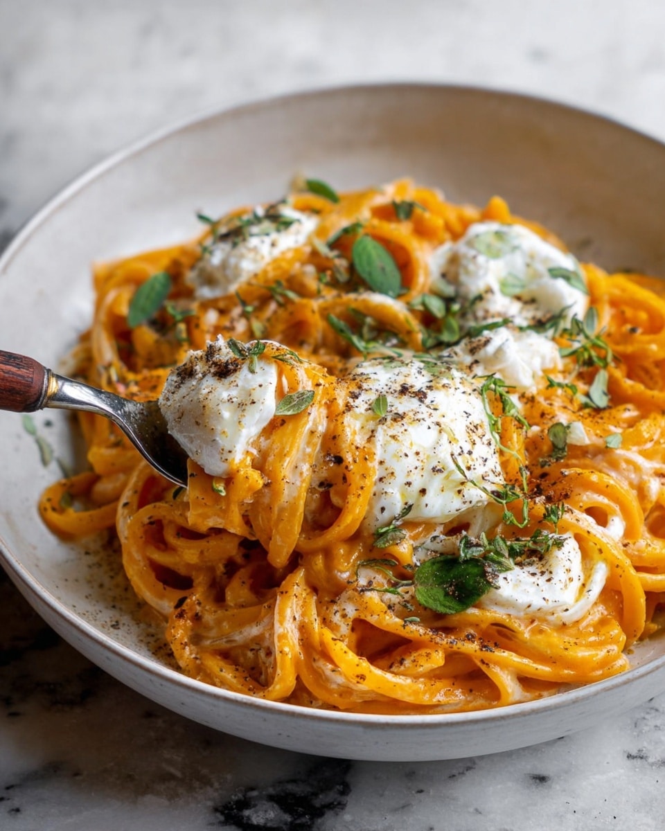 Two white bowls filled with creamy orange pasta coated in a rich sauce form the base layer. On top, there are soft, white dollops of cheese, slightly melting, sprinkled with crushed black pepper and grated cheese. Fresh green herb leaves are scattered over the dish, adding contrast. Each bowl has a spoon with a wooden handle placed inside. The bowls sit on a dark wooden surface with some fresh green herbs around, and a white fringed cloth is partially visible at the corner. Photo taken with an iphone --ar 4:5 --v 7