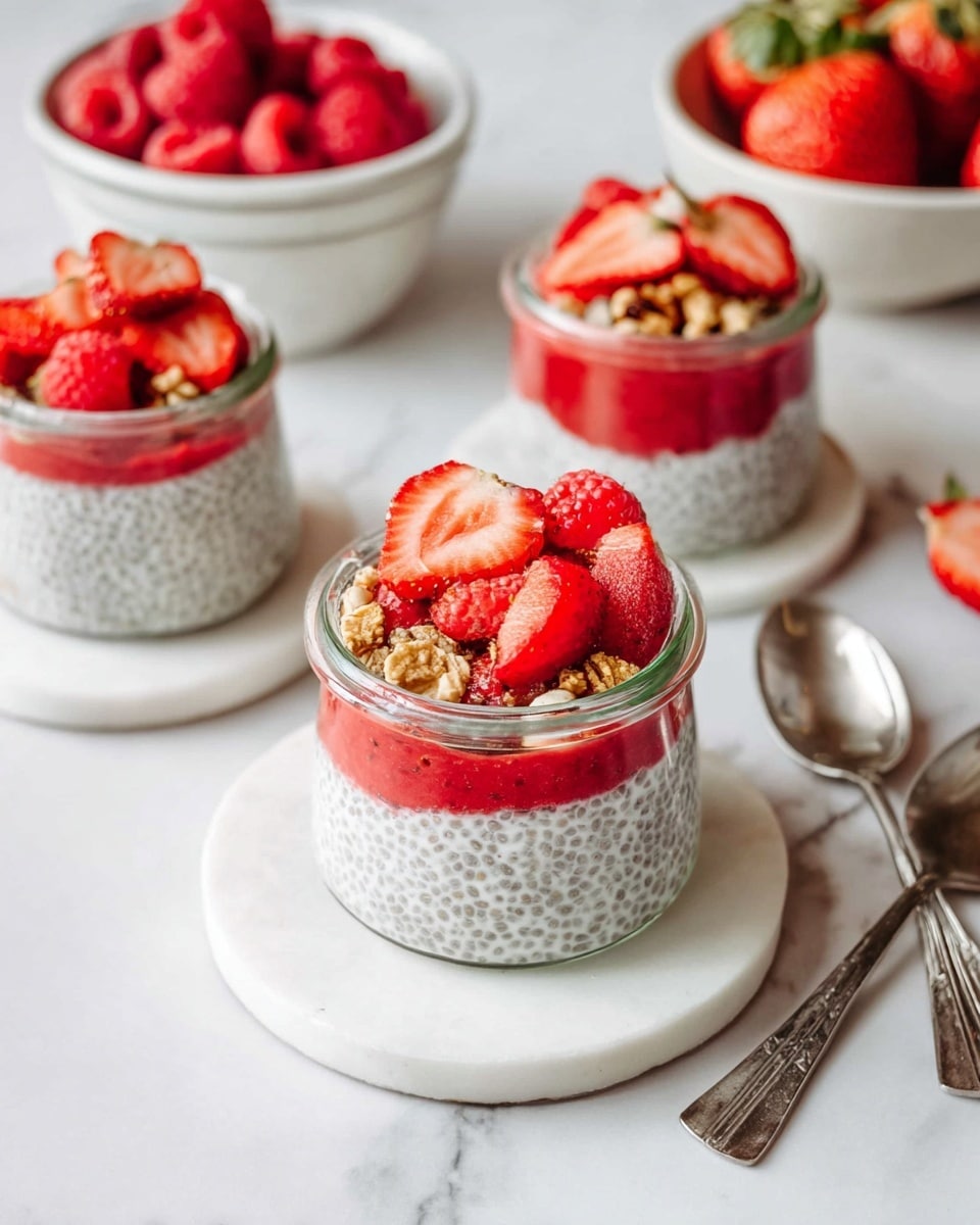 Three small clear glass jars are filled with chia seed pudding, showing its white creamy texture with tiny dark chia seeds. Each jar has three layers: a thin bottom layer of bright red strawberry puree, a thick middle layer of white chia pudding with visible seeds, and a topping of fresh red strawberries sliced in halves and whole bright red raspberries, along with some granola pieces. One jar is centered on a round white marble coaster, while the other two are placed around it on a white marbled surface. In the background are white bowls filled with fresh strawberries, raspberries, and granola. Two silver spoons lie close to the nearest jar on the surface. Photo taken with an iphone --ar 4:5 --v 7