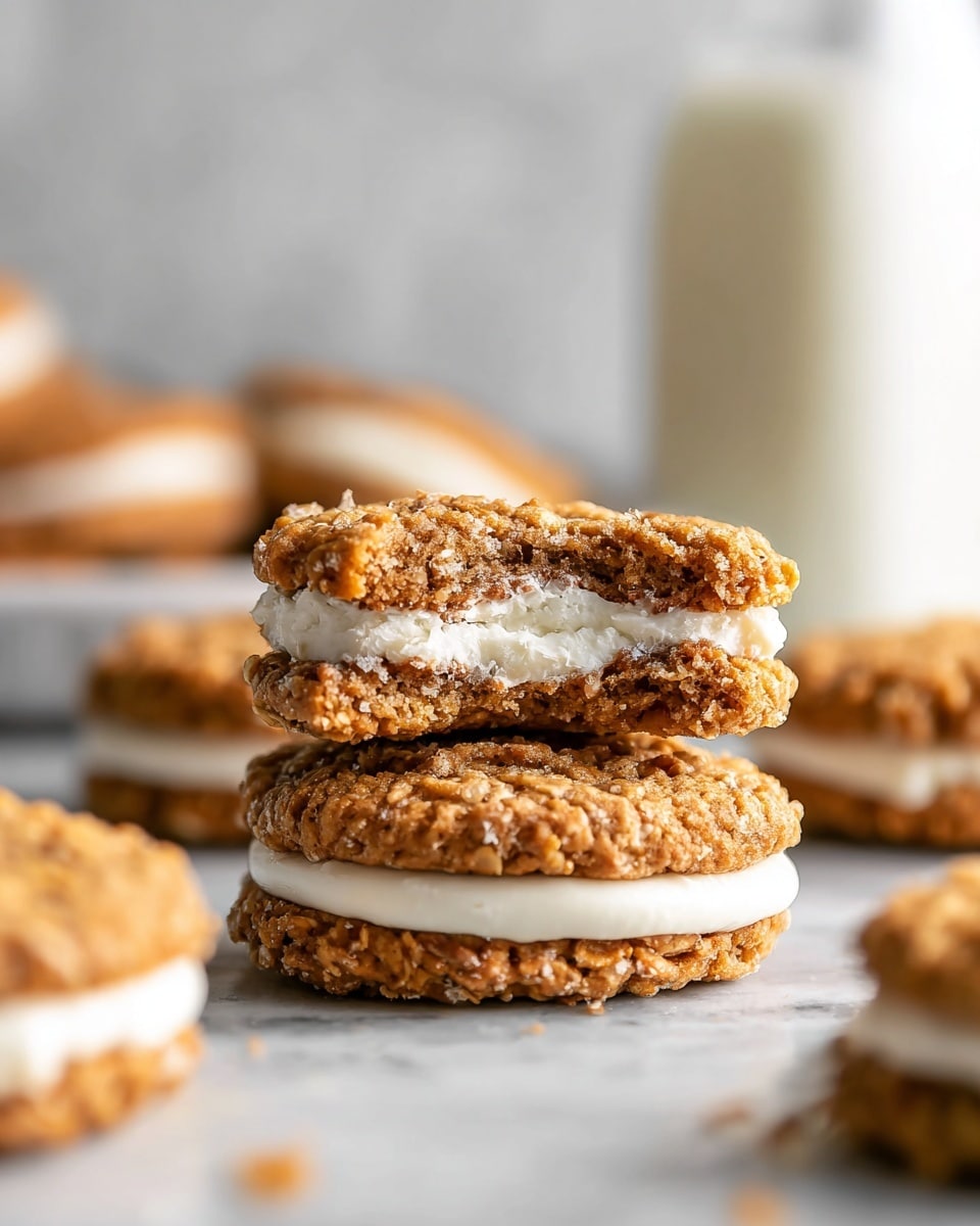 A stack of oatmeal cream pies centered on a white plate, showing about ten pies piled on top of each other. Each pie has two golden brown, textured oatmeal cookie layers with visible oats, sandwiching a thick, smooth white cream filling. One pie leans against the stack, highlighting the layers. Around the main plate, six more pies sit scattered on the white marbled surface, with one pie fully in view in the front-right corner. In the background, a blurred blue cloth adds contrast, with a glass of milk barely visible at the top left and a wooden bowl of oats at the bottom left. Photo taken with an iphone --ar 4:5 --v 7
