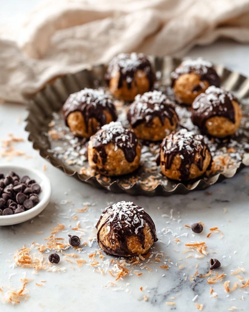 The image shows a small white bowl filled with round snack balls that have a rough, nutty texture with visible seeds and grains, all lightly coated on the bottom half with a layer of dark chocolate. Each ball is drizzled with thin lines of dark chocolate across the top and sprinkled with white flakes that look like coconut shards. The balls are stacked closely together, filling the bowl to the edge, placed on a white marbled surface with a blurred background where a brown bowl is slightly visible. photo taken with an iphone --ar 4:5 --v 7