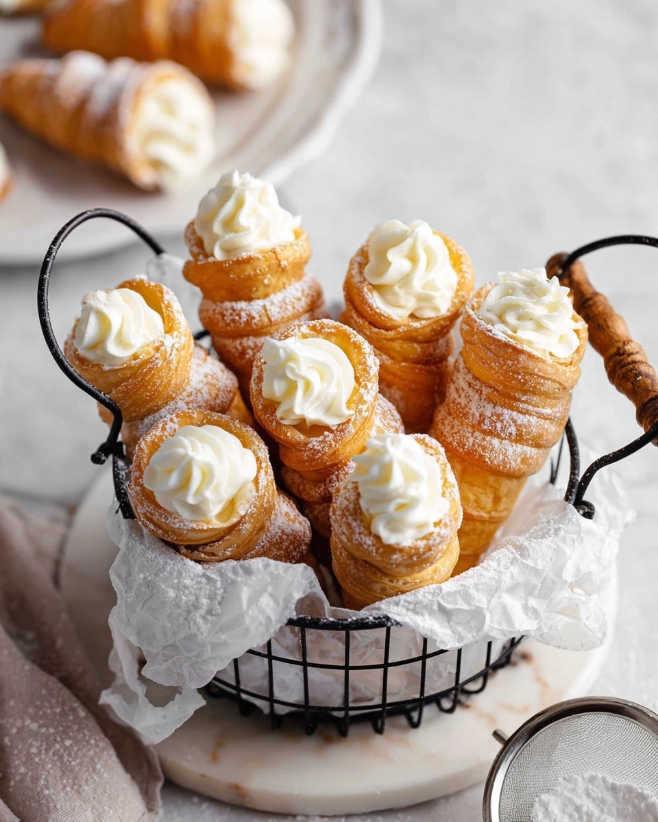 The image shows several puff pastry cream horns arranged closely together on a white marbled surface. Each horn is made of multiple layers of golden-brown, flaky pastry rolled into a conical shape, dusted lightly with powdered sugar on top. The cream filling is thick and white, piped in a swirled pattern that peeks out from the wide end of each horn, giving a soft and smooth texture contrast to the crisp pastry. The light from the side highlights the flakiness and delicate layers of the pastries, creating a warm and inviting look. photo taken with an iphone --ar 4:5 --v 7