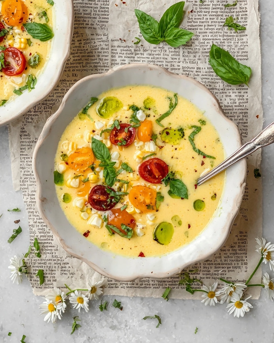 The image shows a white round bowl with a scalloped edge filled with creamy yellow soup. On top, there are small pieces of white corn, halved cherry tomatoes in red and orange, and fresh green basil leaves scattered around. The soup has some green oil droplets and a few black pepper specks. A silver spoon rests on the right edge of the bowl, partially dipped in the soup. The bowl sits on crumpled pages of an old newspaper on a white marbled surface. Around the bowl are green basil leaves and small white daisies with yellow centers spread out gently. Photo taken with an iphone --ar 4:5 --v 7