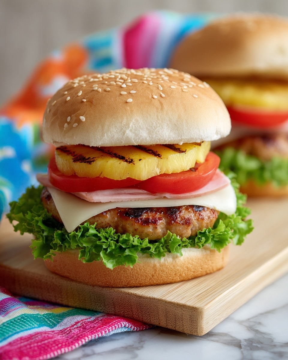 The sandwich is cut in half and placed on a light wooden board over a white marbled surface. Each half shows multiple layers starting with a soft, golden-yellow bun on top. Below the top bun, there are bright red tomato slices, fresh green lettuce leaves, and grilled light brown pineapple pieces with a caramelized texture. Under the pineapple is a thick, moist, white chicken breast fillet. The bottom bun is the same golden-yellow soft bread as the top. In the background, there is an out-of-focus pineapple and a colorful striped cloth. photo taken with an iphone --ar 4:5 --v 7