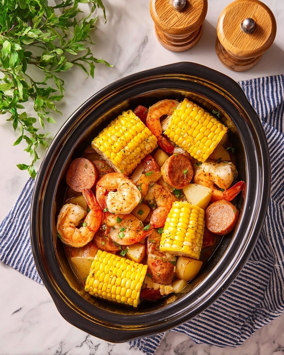 A black oval slow cooker filled with a colorful seafood boil sits on a white marbled surface. Inside, there are five bright yellow corn on the cob pieces positioned evenly around the dish. Scattered among them are plump shrimp with a light orange-pink and white color, some partially curled. There are also round slices of browned sausage mixed throughout, along with smaller chunks of light yellow potatoes. The ingredients are garnished with small bits of green herbs, adding a fresh touch. Two wooden pepper grinders are placed nearby, and a green leafy plant peeks from the top left corner. A folded blue and white striped cloth rests partially under the slow cooker. Photo taken with an iphone --ar 4:5 --v 7