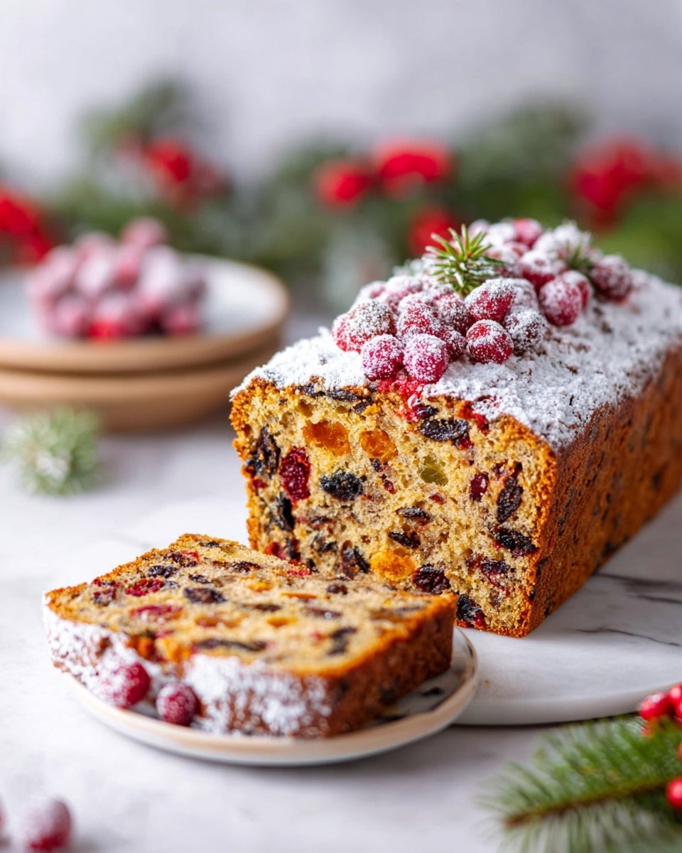 A rectangular fruitcake with a brown crust is on a white plate on a white marbled surface. The cake is topped with a layer of white powdered sugar, bright red sugared cranberries, and small green sprigs arranged on top. Two thick slices from the cake lie in front, showing an inside full of dark brown, red, and orange dried fruit and nuts mixed throughout the golden-brown cake. Around the plate and surface are a few scattered sugared cranberries and green pine leaves. Nearby, a small wooden bowl holds more sugared cranberries on a beige napkin with a pinecone print. photo taken with an iphone --ar 4:5 --v 7