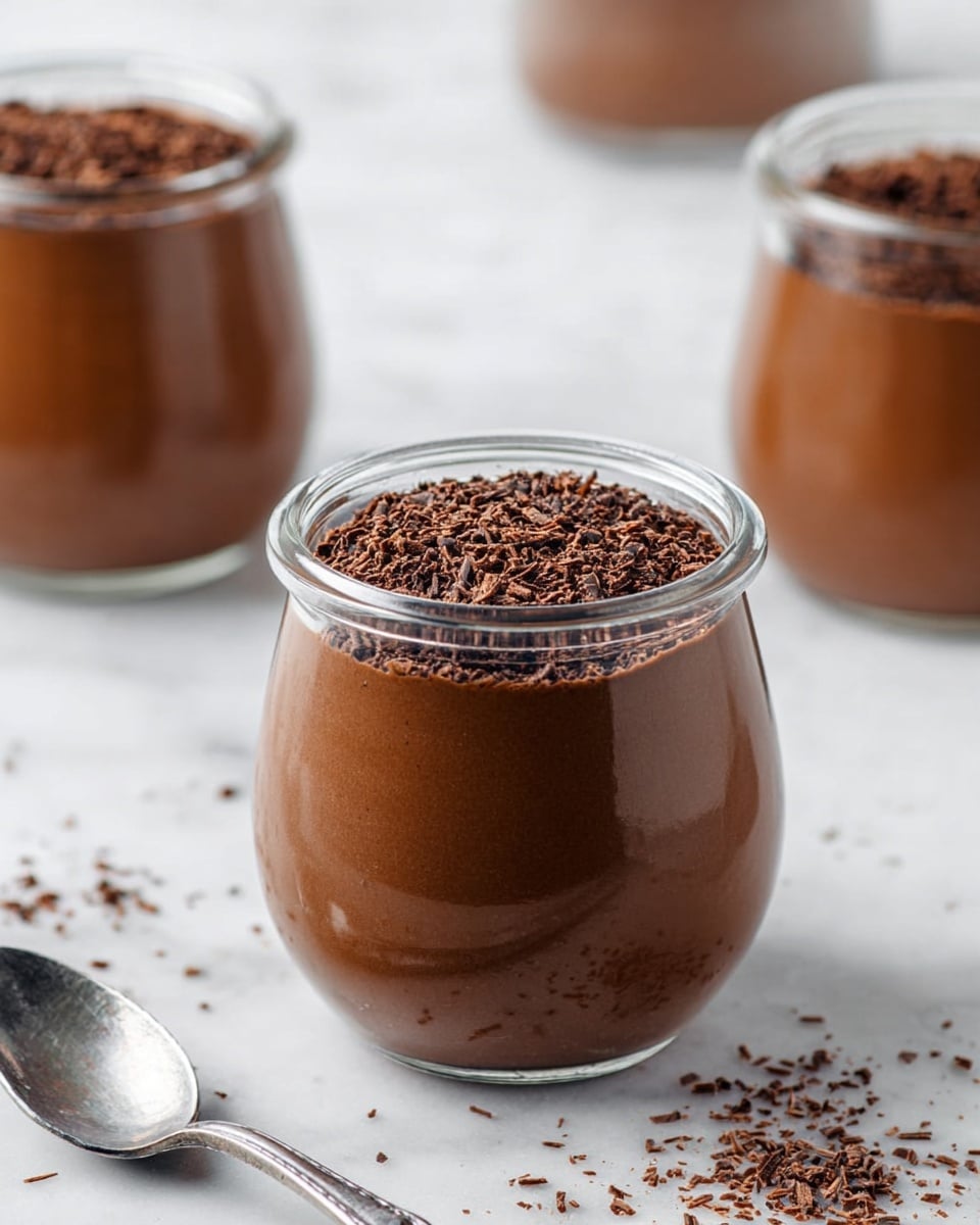 The image shows a single clear glass jar filled with smooth, creamy chocolate pudding, topped with a thin, even layer of finely grated dark chocolate that adds a textured look. The jar itself is round with a wider top and slightly narrower bottom, and it rests on a white marbled surface scattered with small chocolate shavings. A silver spoon lies next to the jar, partially in the frame, adding a simple touch to the scene. In the softly blurred background, two more similar glass jars with chocolate pudding and grated chocolate topping are visible, creating depth and focus on the jar in the foreground. Photo taken with an iphone --ar 4:5 --v 7