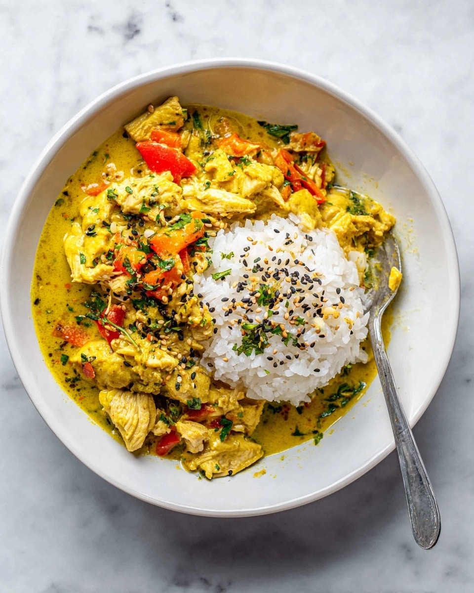 A close-up view of a white cast iron pan filled with a creamy yellow curry that has visible chunks of chicken and pieces of orange mango. Thin slices of red chili peppers are mixed in the curry, adding contrast. Fresh green cilantro leaves sit on top as garnish, providing a bright pop of color. The pan rests on a wooden board, with a whole ripe mango and some cilantro sprigs blurred in the background, all set on a white marbled surface. photo taken with an iphone --ar 4:5 --v 7