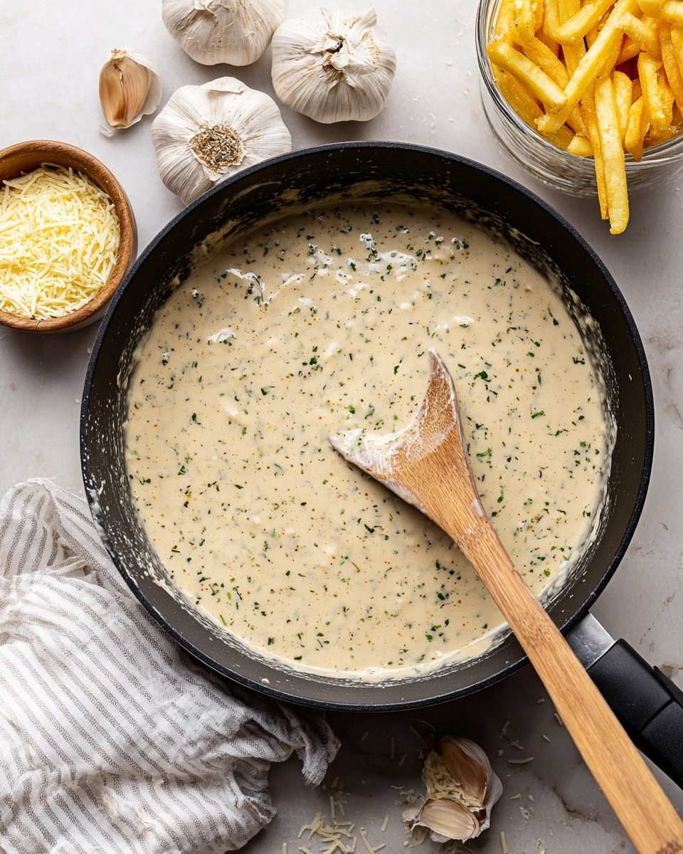 A black pan filled with creamy, light beige sauce speckled with green herbs, with a wooden spoon partially covered in the sauce resting inside the pan. Around the pan, there are whole garlic bulbs and cloves on a white striped cloth, a small bowl of grated cheese, and a glass container holding golden French fries, all set against a white marbled surface. Photo taken with an iphone --ar 4:5 --v 7