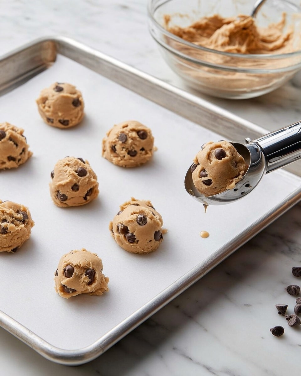 Round balls of cookie dough studded with dark brown chocolate chips are placed on white parchment paper over a white marbled surface. Each ball is drizzled with two thick stripes of smooth caramel-colored and chocolate-colored sauces, creating a striped pattern over the light tan dough. There are scattered individual chocolate chips and small drops of caramel sauce around the balls. The image has a soft focus on the background, drawing attention to the closest cookie dough ball in the front center. Photo taken with an iphone --ar 4:5 --v 7