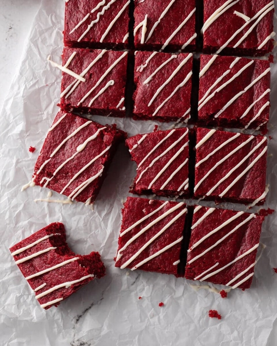 The image shows a rich red dessert cut into squares placed on crinkled white baking paper over a white marbled surface. Each square has a moist-looking red cake layer topped with thin, smooth white icing lines drizzled in a simple pattern. One square in the center has a bite taken out of it, revealing the dense red crumb inside, with sharp, clean edges and a soft texture. Pieces are positioned close to each other but not touching, creating a neat arrangement. Photo taken with an iphone --ar 4:5 --v 7