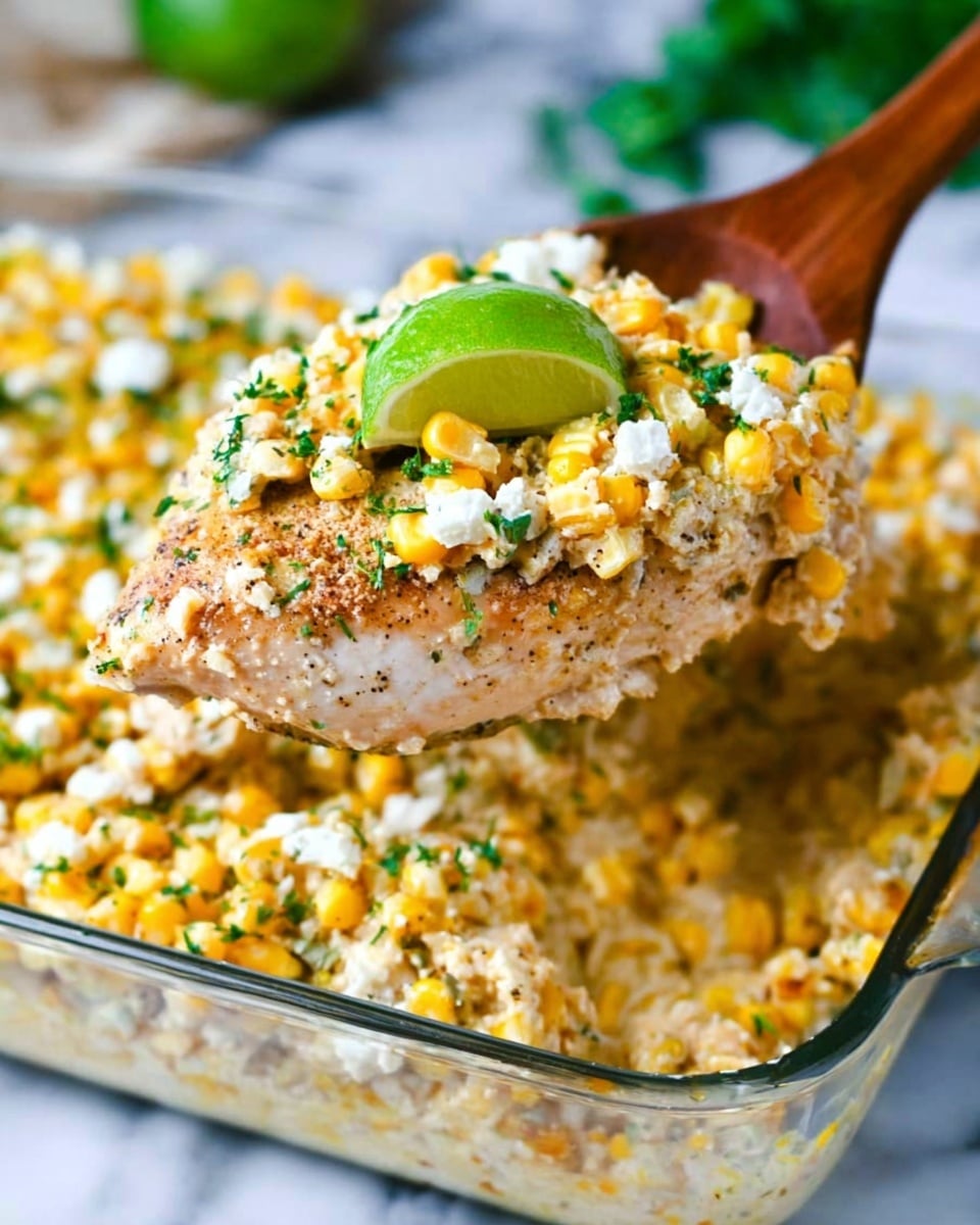 A cooked chicken breast layer is lifted by a wooden spoon above a white marbled surface, topped with a creamy mix of yellow corn kernels, white crumbled cheese, and small green chopped herbs, with a green lime wedge placed on top. The chicken's texture is slightly browned and seasoned, and the creamy corn mixture covers the chicken thickly, spilling over the sides. The background shows more of the creamy corn mix in a clear glass dish with scattered green herb leaves, all resting on a white marbled surface. Photo taken with an iphone --ar 4:5 --v 7