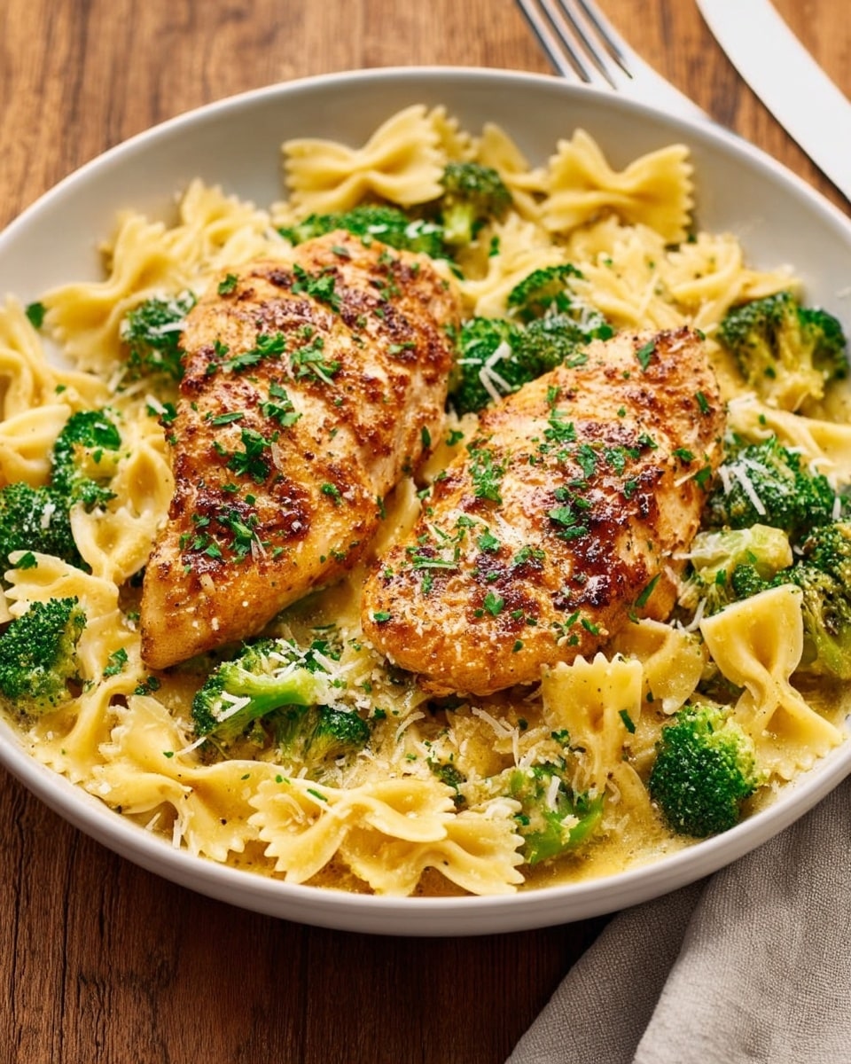A white plate holds two golden-brown grilled chicken breasts on top of a bed of creamy yellow bowtie pasta mixed with bright green broccoli florets. The chicken breasts have a light sprinkle of finely chopped parsley and a dusting of grated cheese, adding a fresh green and white contrast. The bowtie pasta looks soft and saucy, while the broccoli adds a crisp texture. The dish sits on a wooden table with a fork and knife beside a light-colored napkin. photo taken with an iphone --ar 4:5 --v 7
