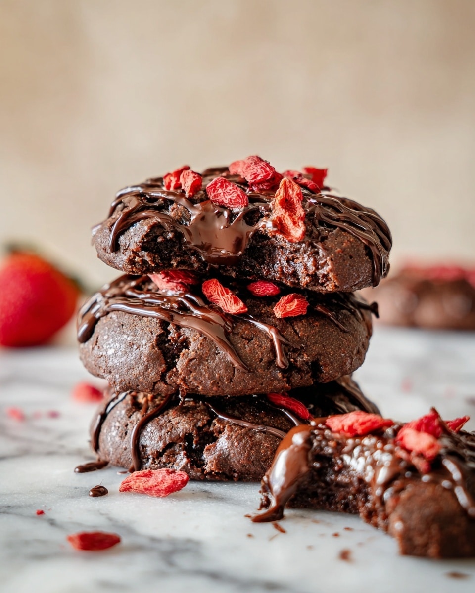 The image shows thick, round dark chocolate cookies with a rough, crumbly texture. Each cookie has a drizzle of glossy chocolate sauce on top, creating shiny, wavy lines. Scattered on the cookies are small pieces of bright red dried strawberries and a few grains of coarse salt, adding color contrast. The cookies rest on a white marbled surface with a few whole dried strawberry slices near the bottom right of the image. Photo taken with an iphone --ar 4:5 --v 7