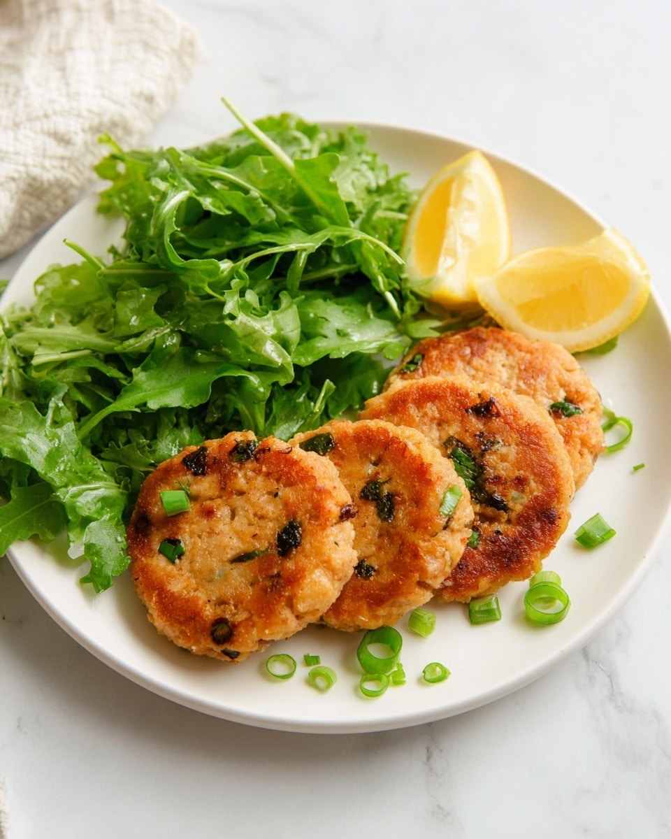 The image shows a white plate holding three golden-brown patties stacked slightly overlapping each other on the right side. The patties have a crispy texture with visible small green bits inside and are topped with some thinly sliced green onions and coarse salt flakes. On the left side of the plate, there is a fresh green salad with leafy greens and parsley. A bright yellow lemon wedge is placed at the back, partially behind the patties and salad. The plate rests on a white marbled surface with a few green onion pieces scattered around. photo taken with an iphone --ar 4:5 --v 7