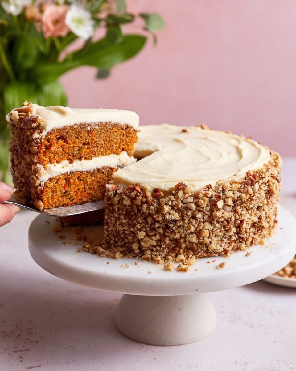 A close-up of a two-layer slice of carrot cake on a white plate, featuring a moist, textured brown cake with visible bits of carrot and nuts, separated and covered with creamy white frosting that spills slightly over the edges. The background is a white marbled surface with a soft peach cloth underneath the plate and white tulips partially visible above. photo taken with an iphone --ar 4:5 --v 7