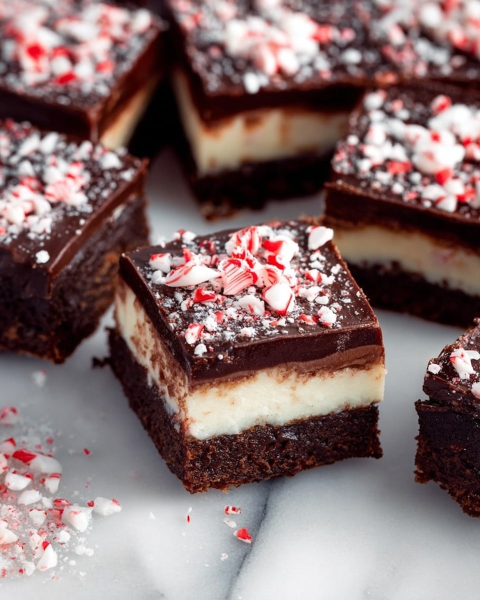 The image shows several square dessert bars on a white marbled surface, each with three visible layers. The bottom layer is a dark, moist chocolate cake with a rich texture. The middle layer is a thick, creamy white filling that looks smooth and soft. The top layer is a shiny, dark chocolate coating sprinkled with crushed white and red peppermint candy pieces, adding a festive touch. One bar is slightly tilted, revealing all three distinct layers clearly. photo taken with an iphone --ar 4:5 --v 7