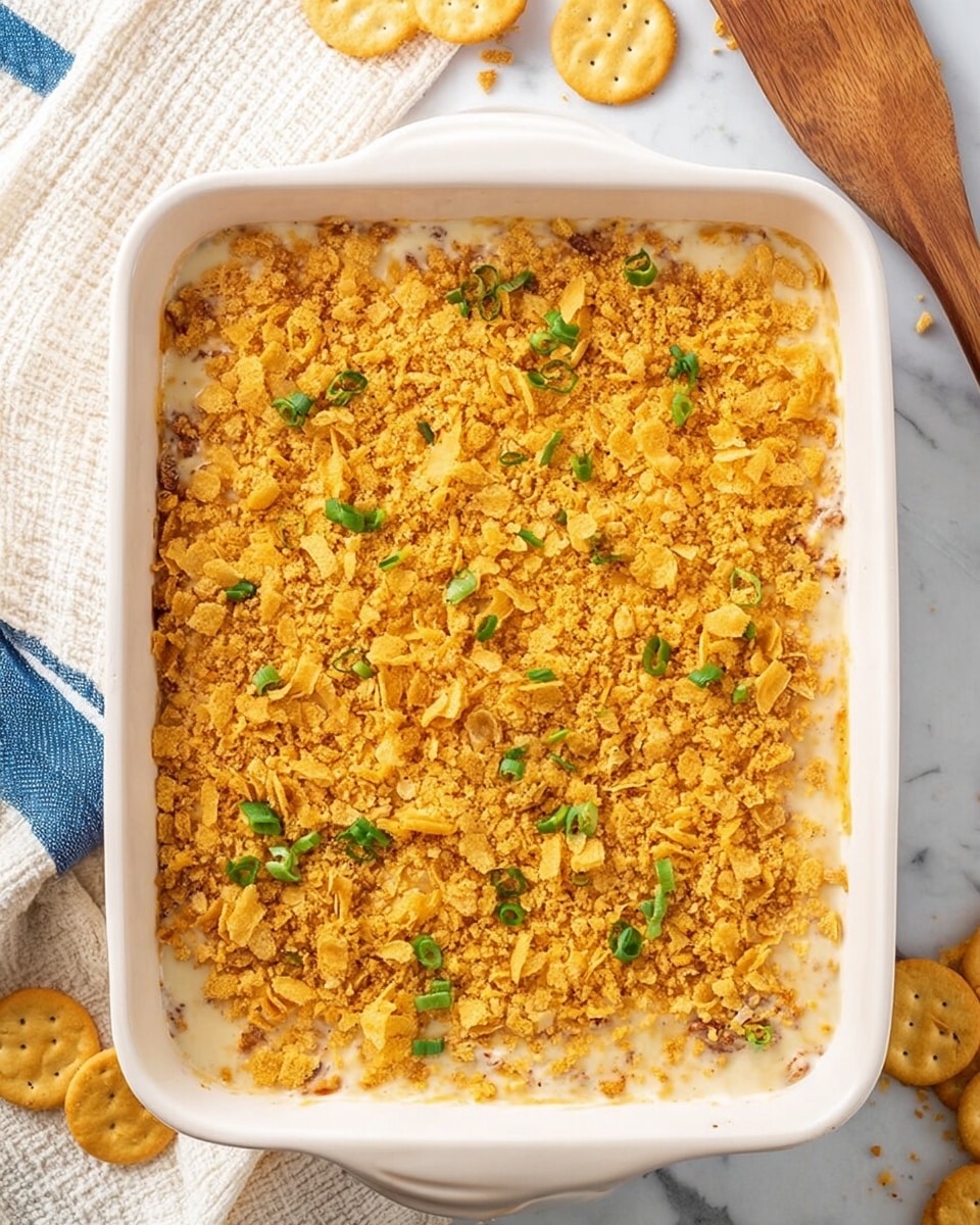 A close-up of a cheesy casserole in a white rectangular dish with a golden crunchy top layer made of crispy crumbs and small green onion slices scattered on it. The middle layer underneath is creamy and white with visible chunks of chicken mixed with bits of green herbs, showing a stretchy melted cheese texture as a wooden spoon lifts a scoop out. The background has glasses with light yellow liquid and the whole setup is on a white marbled surface. photo taken with an iphone --ar 4:5 --v 7