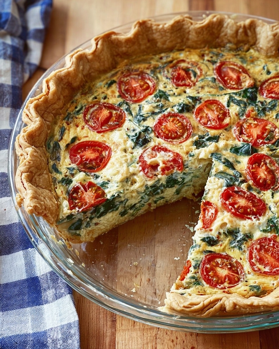 A slice of savory pie is being held up by a woman's hand, showing three distinct layers: a thick, flaky golden brown crust at the bottom and edges; a thick middle layer filled with creamy white cheese mixed with green spinach and small bits of mushroom; and a top layer of halved bright red cherry tomatoes arranged evenly across the surface. The slice is held above a clear glass pie dish sitting on a white marbled surface. Photo taken with an iphone --ar 4:5 --v 7