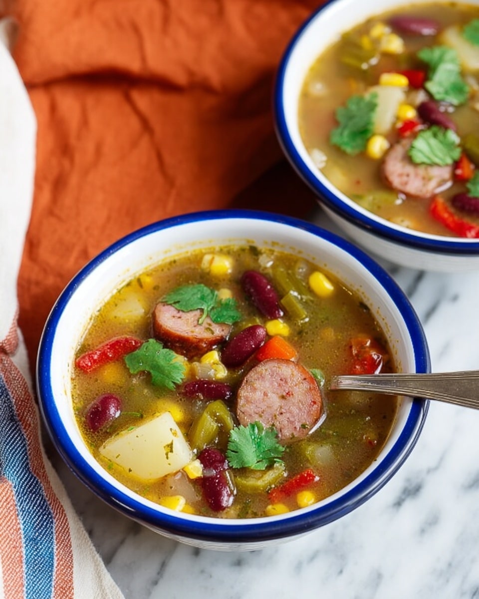 The image shows a close-up view of a pot filled with clear broth soup containing several round slices of browned sausage floating on the surface. Inside the broth, there are layers of diced white potatoes, small pieces of orange carrot, yellow corn kernels, dark red kidney beans, and light green celery bits, all mixed together with finely chopped green herbs sprinkled on top. A silver ladle is partially submerged in the soup, holding some sausage slices, potatoes, corn, and beans, creating a layered look of various colors and textures within the ladle. The pot is made of stainless steel and the background is a white marbled texture. photo taken with an iphone --ar 4:5 --v 7