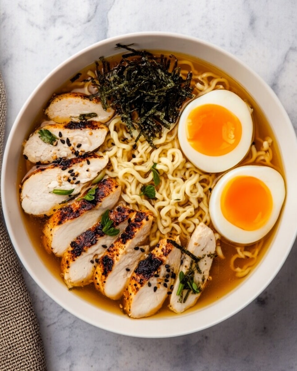 Two white bowls filled with ramen noodles in a light brown broth sit on a white marbled surface. Each bowl has a layer of curly, light beige noodles submerged in the broth. On top, there are three slices of grilled chicken breast with light brown char marks, placed on one side. Adjacent to the chicken, two halved soft-boiled eggs display bright orange yolks with black sesame seeds sprinkled on top. Dark green seaweed strips are arranged neatly beside the eggs. Green onion slices are scattered over the noodles and chicken, adding a fresh touch. A striped cloth is partially visible under one bowl, and two clear glasses filled with a light yellow drink sit nearby with a pair of wooden chopsticks. Photo taken with an iphone --ar 4:5 --v 7