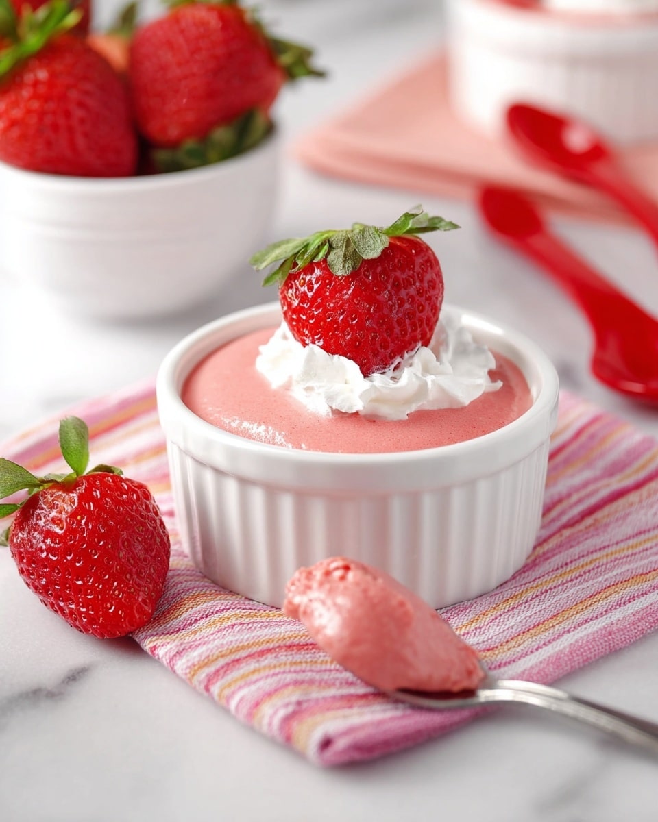 A silver spoon holds a scoop of smooth, light pink pudding topped with a small swirl of white whipped cream, layered over a whole bright red strawberry. Below the spoon, a white ramekin is filled with more of the pink pudding and another strawberry on the side. In the background, a white bowl filled with fresh strawberries sits on a white marbled surface next to a red spoon and a red-and-white towel. The colors are bright and the textures visible, showing the softness of the pudding and the fresh shine of the strawberries. photo taken with an iphone --ar 4:5 --v 7
