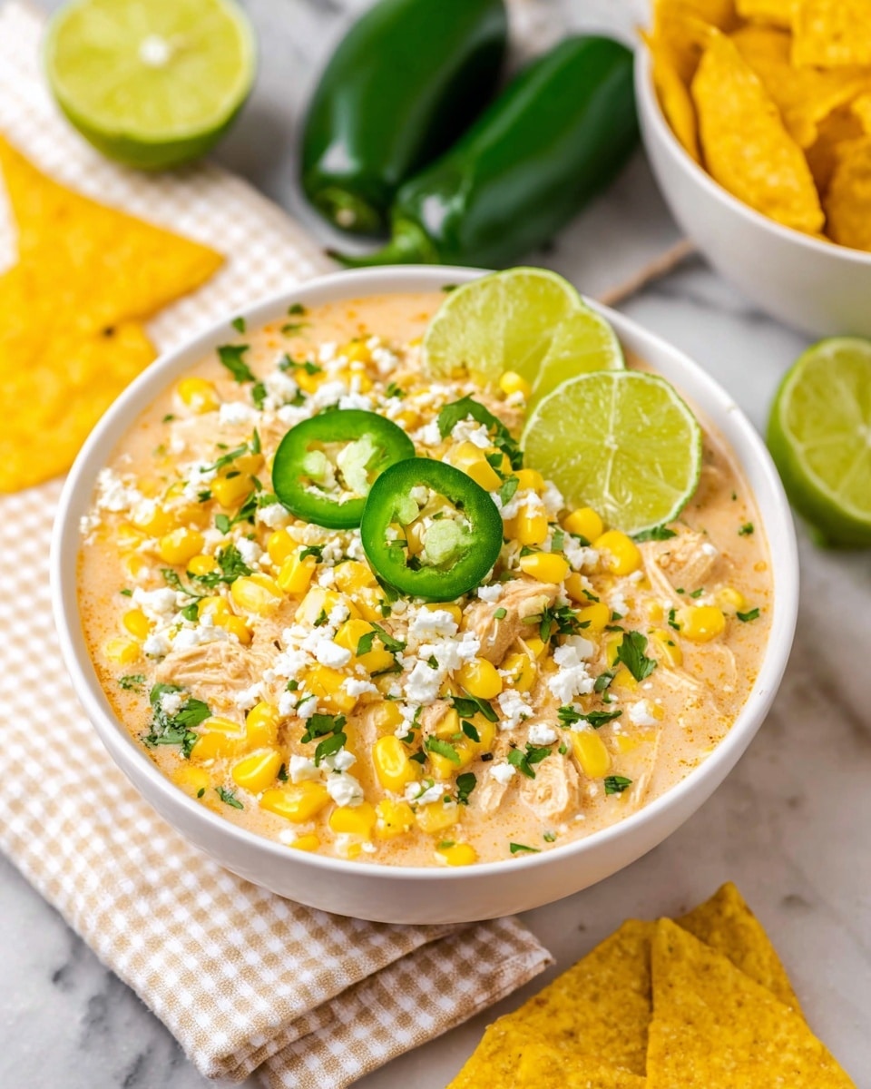 A white bowl filled with creamy light orange chicken soup topped with bright yellow corn kernels, white crumbled cheese, and finely chopped green herbs. On top, there are two bright green lime slices and two fresh green jalapeño slices. The bowl sits on a light checkered cloth on a white marbled surface, with some bright yellow tortilla chips nearby and two whole green jalapeños and a halved lime in the background. photo taken with an iphone --ar 4:5 --v 7