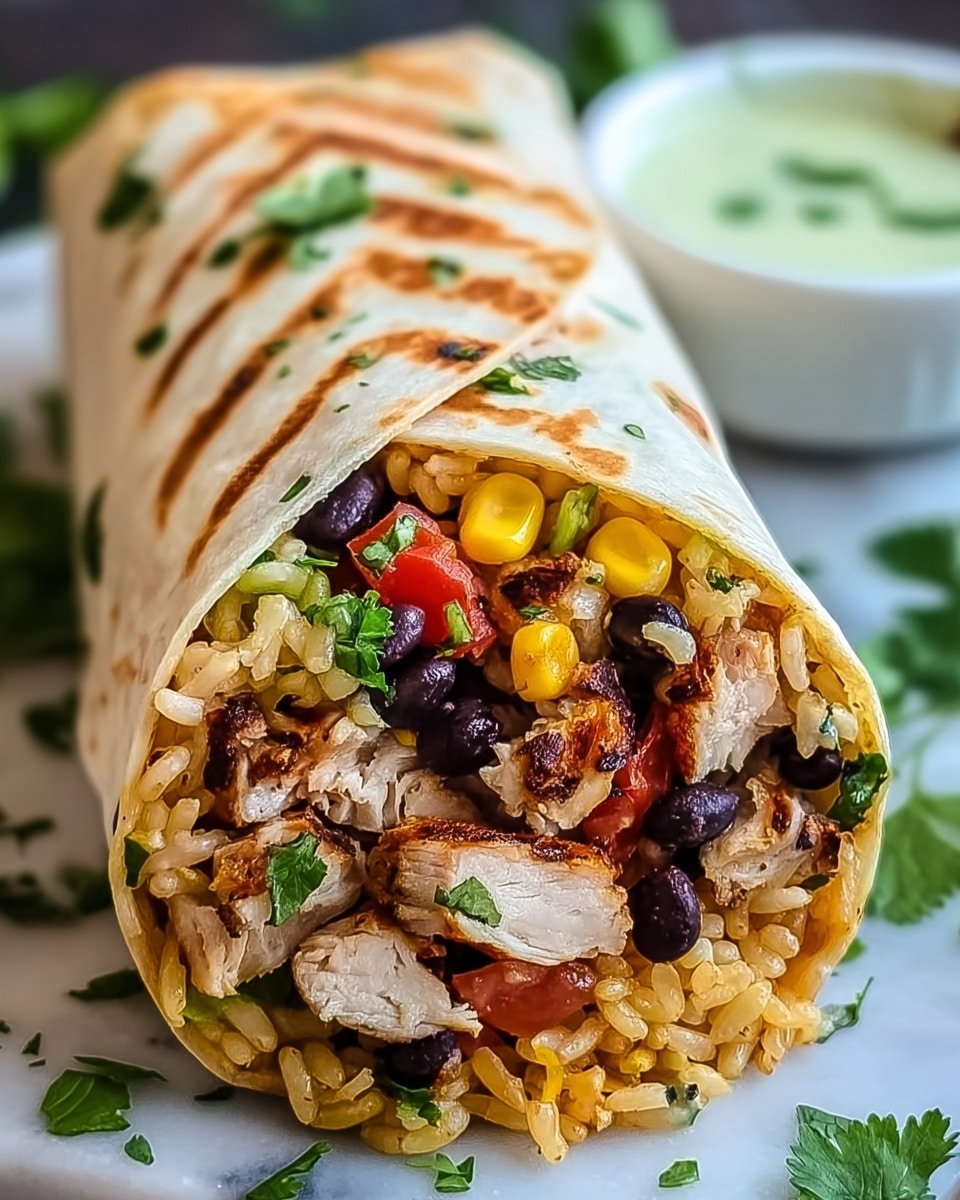 A grilled chicken burrito wrapped in a soft, lightly charred tortilla, showing three thick slices of well-seasoned, juicy grilled chicken with dark grill marks near the open end. Inside the burrito, there is a layer of bright yellow corn kernels, black beans, and fluffy orange-tinted rice mixed with small green bits. Fresh, diced red tomatoes and cilantro are scattered over the top along with a creamy pale green sauce dripping inside the burrito. The burrito sits on white paper, with a blurred white bowl containing a creamy white dip garnished with green herbs in the background. Photo taken with an iphone --ar 4:5 --v 7