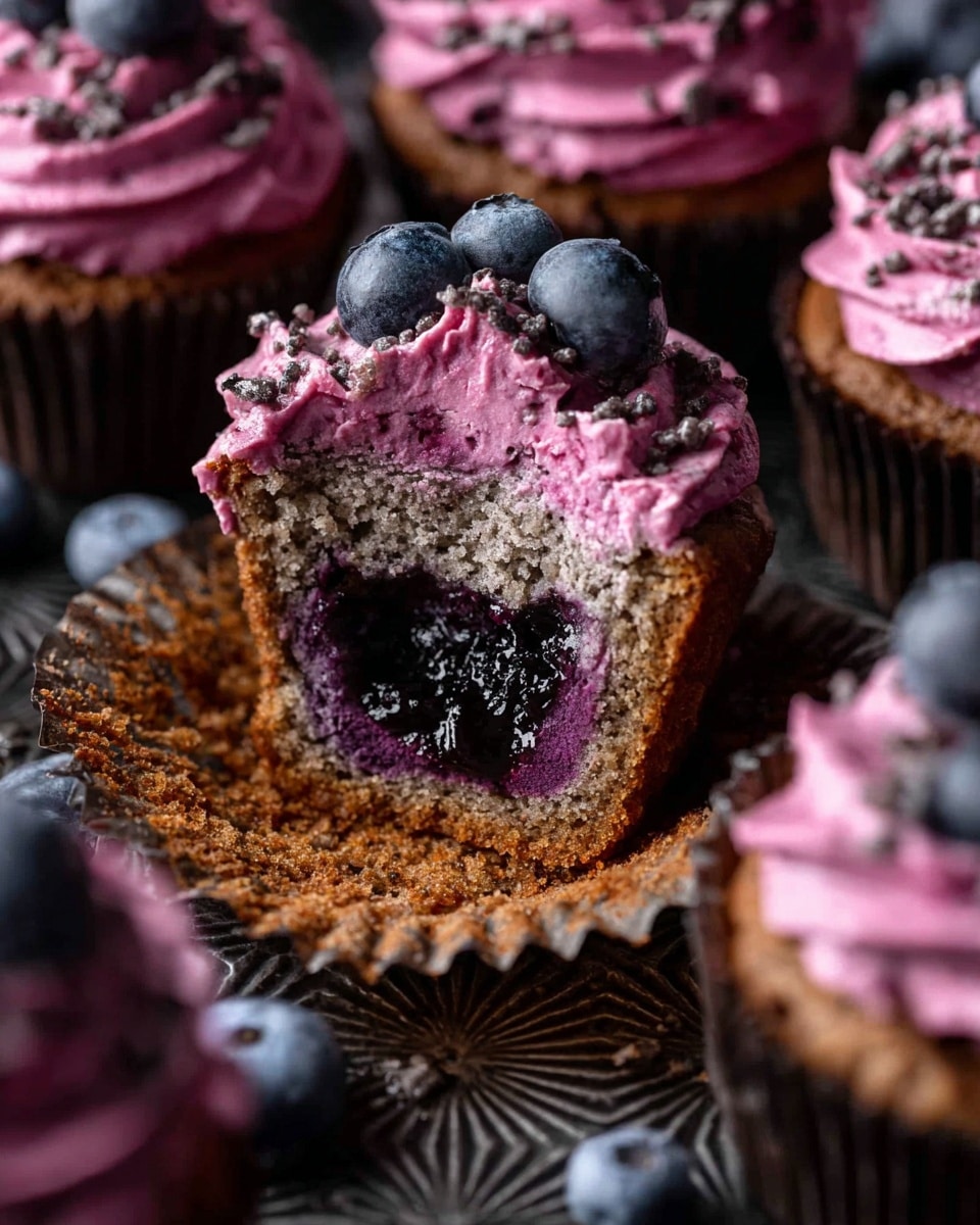 The image shows a close-up of a cupcake with three distinct layers: the bottom layer is a light brown cake with a slightly coarse texture, the middle layer is a dark, shiny blueberry jam filling, and the top layer is a thick swirl of purple-pink frosting sprinkled with tiny dark bits and decorated with small whole blueberries. One cupcake has a bite taken out, revealing the jam inside. Surrounding cupcakes have similar frosting and decoration, all placed on a dark patterned surface with scattered fresh blueberries around. photo taken with an iphone --ar 4:5 --v 7