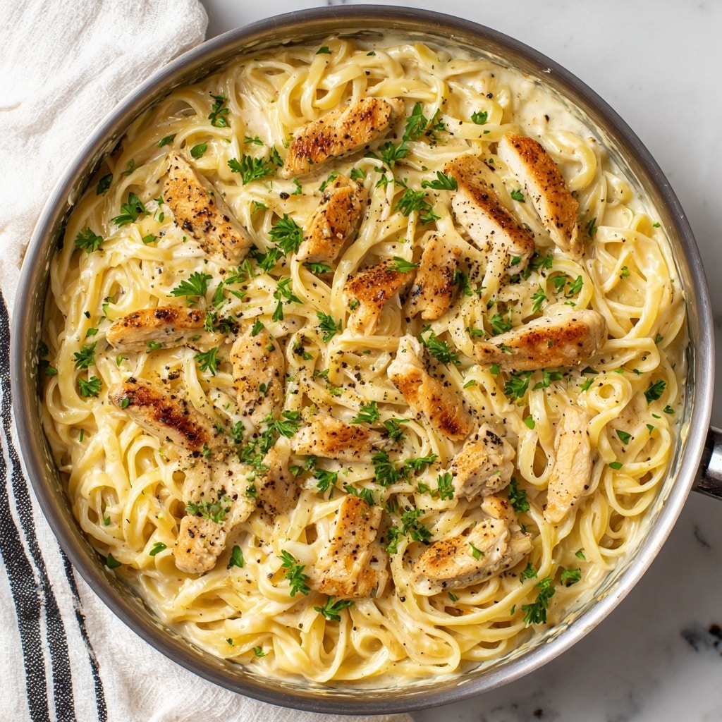 A close-up view of creamy spaghetti pasta with small pieces of browned chicken and bits of red bacon mixed in. The spaghetti is light yellow and coated evenly with sauce, while fresh green herbs are sprinkled on top. The pasta is held by a silver fork, lifting a swirl of noodles with chicken and bacon pieces. The dish is served inside a round pan with a slightly worn texture visible on its edges. The background shows more pasta inside the pan, all on a white marbled surface. Photo taken with an iphone --ar 4:5 --v 7