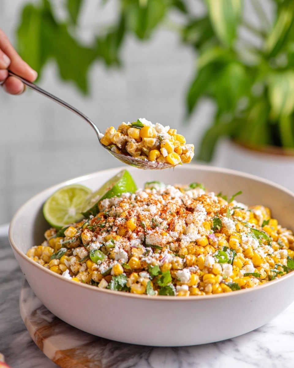 A white bowl filled with a layered corn salad, starting with a base of cooked yellow corn kernels mixed with green chopped scallions and bits of red onion, topped with a sprinkle of white crumbly cheese in the center. Two lime wedges rest on one side of the bowl, giving a fresh accent. The bowl sits on a wooden surface next to a small white bowl of chopped green scallions, a whole green jalapeño, and two silver spoons placed on a white and blue checkered cloth, all against a white marbled background. Photo taken with an iphone --ar 4:5 --v 7