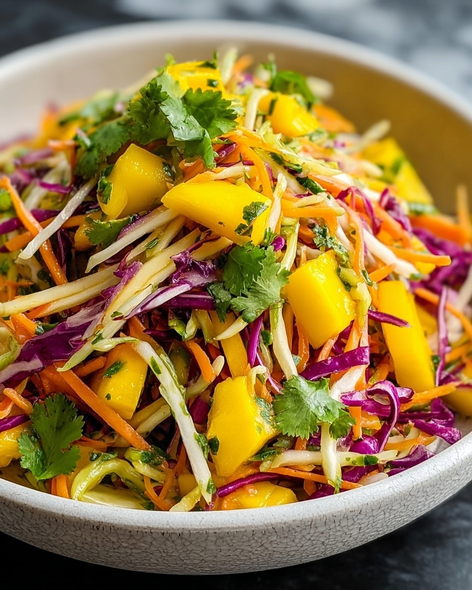 A close-up view of a colorful salad piled high in a white bowl with a rough texture. The salad is made of multiple layers including small yellow mango cubes, thin orange carrot strips, thin purple cabbage slices, and thin white cabbage strips, all mixed evenly. There are bright green cilantro leaves scattered throughout adding fresh green details. The colors are vivid and the textures are crisp and fresh, giving a lively and healthy look. The bowl sits on a white marbled surface. Photo taken with an iphone --ar 4:5 --v 7