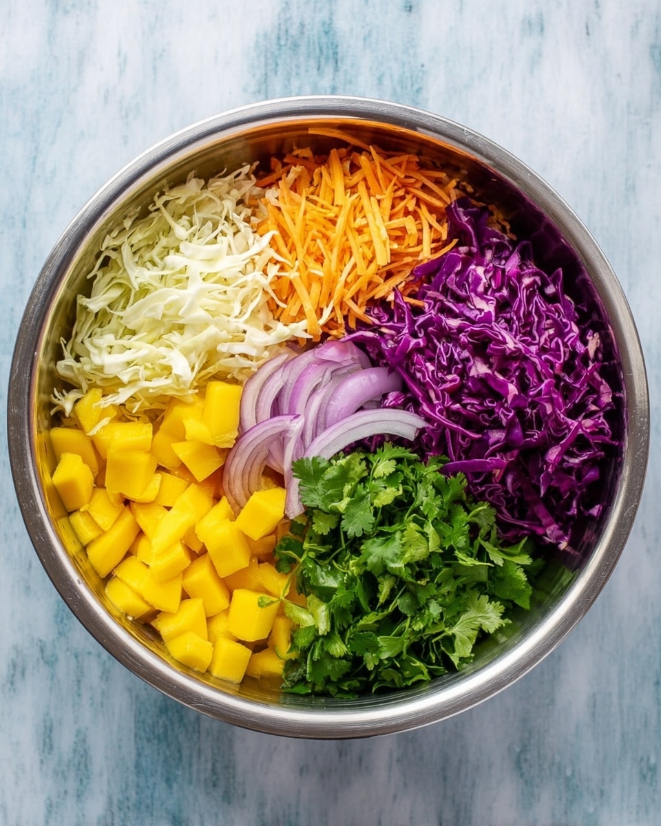 A large round metal bowl placed on a white marbled surface holds five distinct layers of ingredients. Starting from the top left, there is a layer of shredded white cabbage mixed with thin orange carrot strips, next to a large portion of deep purple shredded red cabbage. Below the red cabbage is a fresh pile of bright green cilantro leaves. To the left of the cilantro are thin, curved slices of light purple onion resting on the metal. The biggest section, taking up the bottom left part of the bowl, is filled with small cubes of bright yellow mango. Photo taken with an iphone --ar 4:5 --v 7