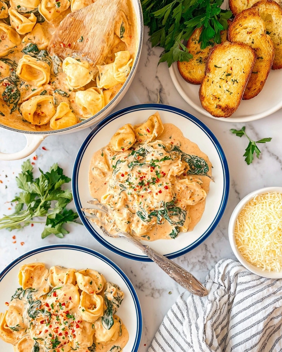 The image shows a creamy tortellini pasta dish served on two white plates with blue rims. The pasta layers are coated in a smooth, light orange creamy sauce with visible spinach leaves and red chili flakes scattered over. One plate is at the center, with a silver fork placed on it, and another similar plate is partially visible near the bottom right corner. To the left, a white pot holds more tortellini pasta mixed with the same creamy sauce, with a wooden spoon lifting some pasta showing the creamy texture. On the upper right, three golden toasted slices of garlic bread are placed on a white plate. Below the center plate, a white bowl filled with grated cheese sits on a white marbled surface alongside a striped cloth napkin and fresh parsley sprigs scattered nearby. photo taken with an iphone --ar 4:5 --v 7
