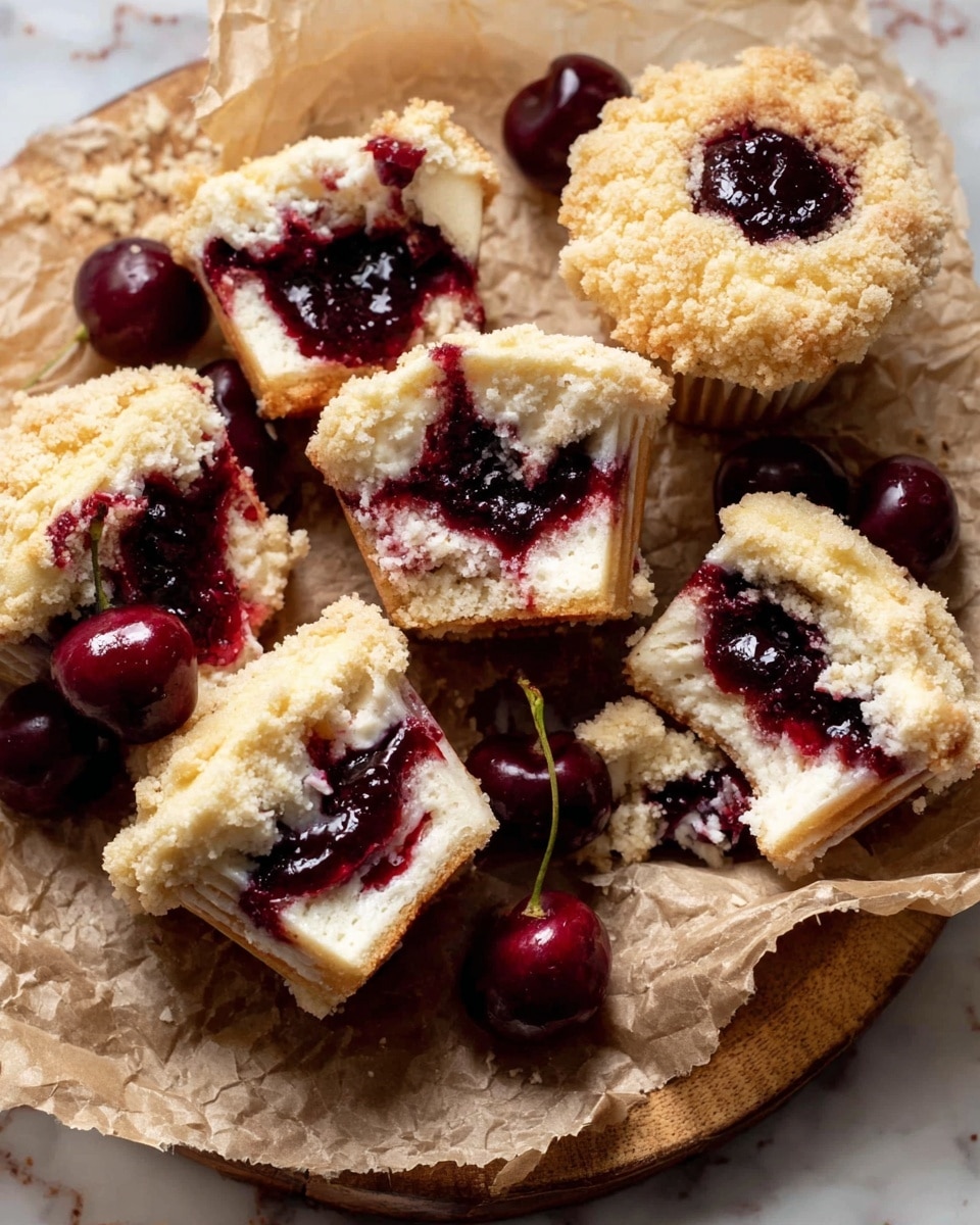 The image shows several cupcakes arranged on crumpled brown paper. Each cupcake has three layers: a base golden-brown cake layer, a thick creamy white frosting layer covered with a light crumb coating around the sides, and a topping of deep red cherry sauce pooled in the center with a whole shiny dark red cherry placed on top, its thin stem standing upright. More whole cherries lie around the cupcakes on the paper. The background is a soft blurred red, and the scene exudes a warm, inviting feeling. Photo taken with an iphone --ar 4:5 --v 7