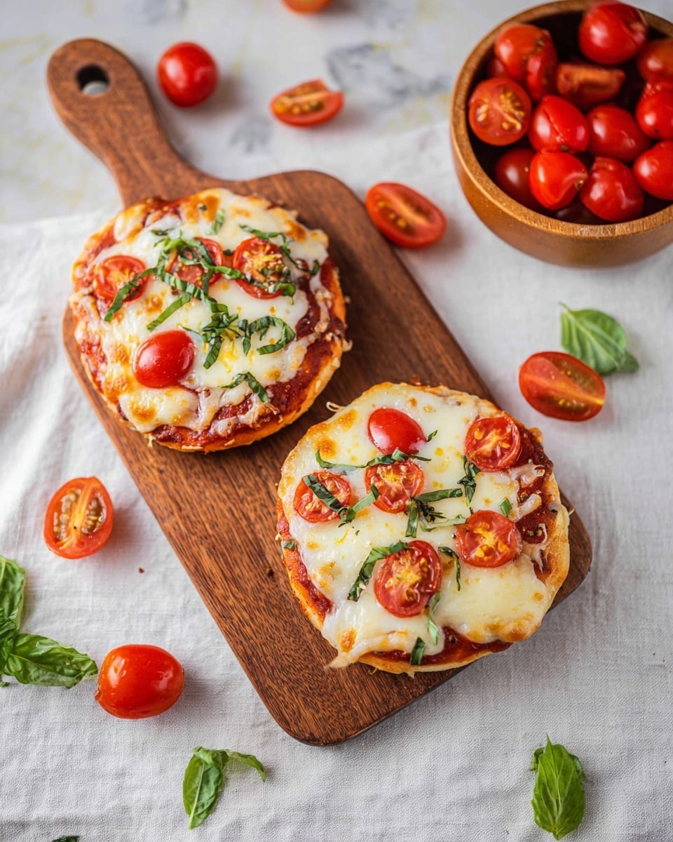 Two small pizzas sit on a wooden board with a handle, placed on a white marbled textured cloth. Each pizza has a base layer of slightly browned dough, topped with a red tomato sauce layer, followed by a thick layer of melted white cheese that is bubbly and slightly golden. On top, halved bright red cherry tomatoes are scattered along with fresh green basil leaves, some of which are torn into thin strips. Around the board, whole and halved cherry tomatoes and torn basil leaves are casually spread out. To the upper right, a wooden bowl filled with shiny red cherry tomatoes is visible. Photo taken with an iphone --ar 4:5 --v 7