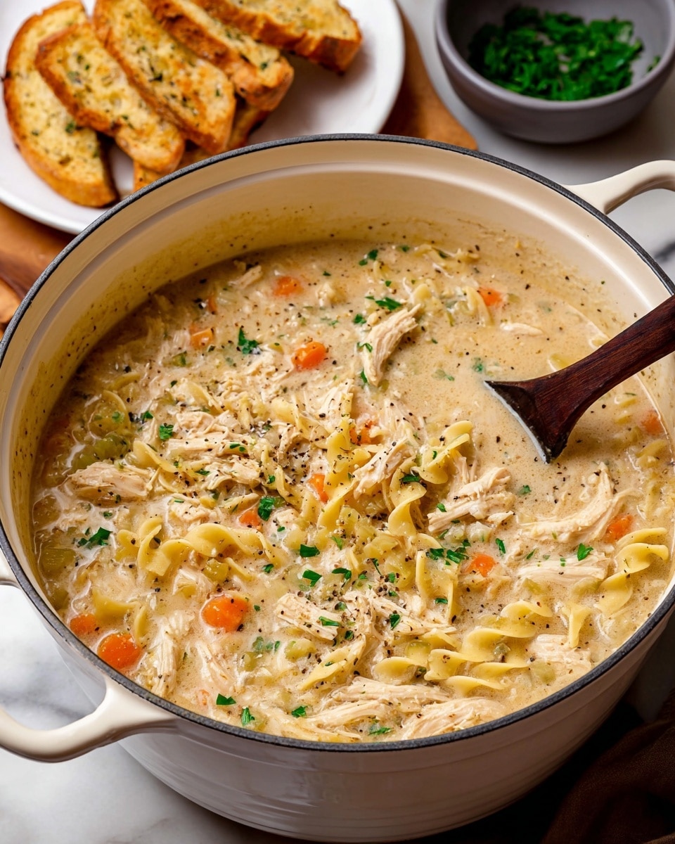 A white bowl filled with creamy chicken noodle soup showing three layers: at the base, pale yellow broth mixed with small pasta pieces of curly shapes; the middle layer has shredded white chicken and chunks of orange carrots and light yellow potatoes; scattered fresh green parsley pieces and ground black pepper sit on top. A golden brown toasted bread slice leans inside the bowl on the right side. A silver spoon rests on the left edge of the bowl, partially dipped in the soup. The bowl is set on a wooden table next to a gray cloth, with part of another similar bowl visible in the top left corner. Photo taken with an iphone --ar 4:5 --v 7