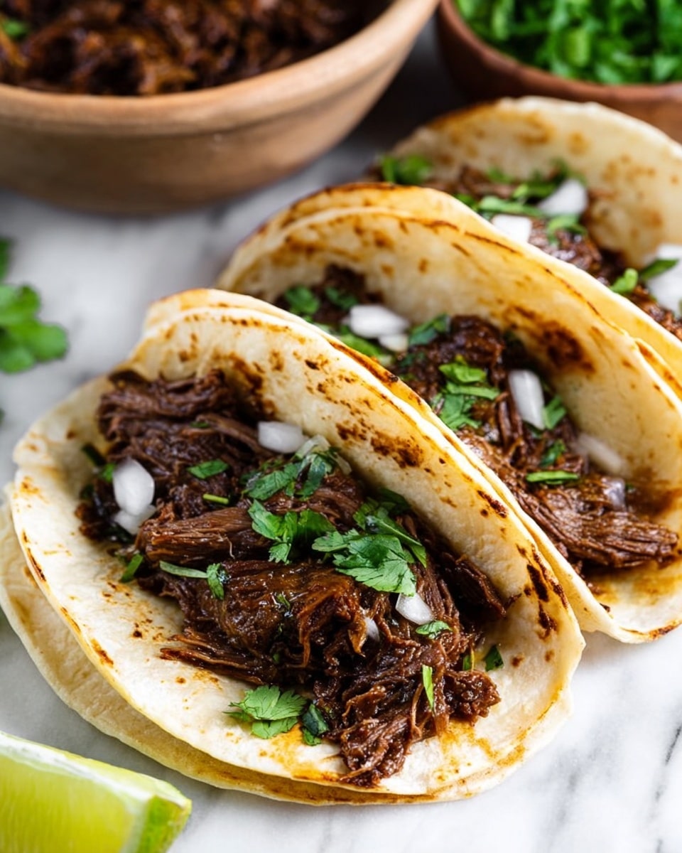 A round bowl filled with dark brown shredded meat covered in a rich, slightly oily sauce, topped with small pieces of white onion and fresh green cilantro leaves scattered over the top. A silver fork rests partially inside the bowl on the left side, slightly digging into the meat. The bowl sits on a wooden board, surrounded by lime wedges and a small white bowl with more lime slices, all on a white marbled surface. A small green leafy garnish is seen in a white bowl near the top edge of the image. photo taken with an iphone --ar 4:5 --v 7