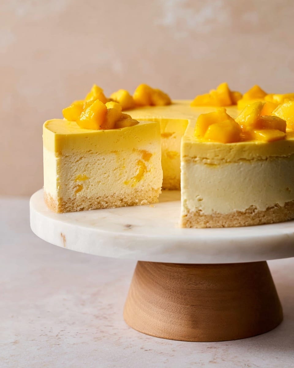 This image shows a three-layer cake on a white marble cake stand with a wooden base. The bottom layer is a light brown biscuit crust with a crumbly texture. The middle layer is thick, creamy, and pale yellow in color, almost like a mousse or cheesecake filling. The top layer features small, bright yellow mango cubes spread evenly, adding a fresh and juicy texture. The cake is placed on a white marbled surface with a beige cloth loosely arranged around the base of the cake stand. Photo taken with an iphone --ar 4:5 --v 7
