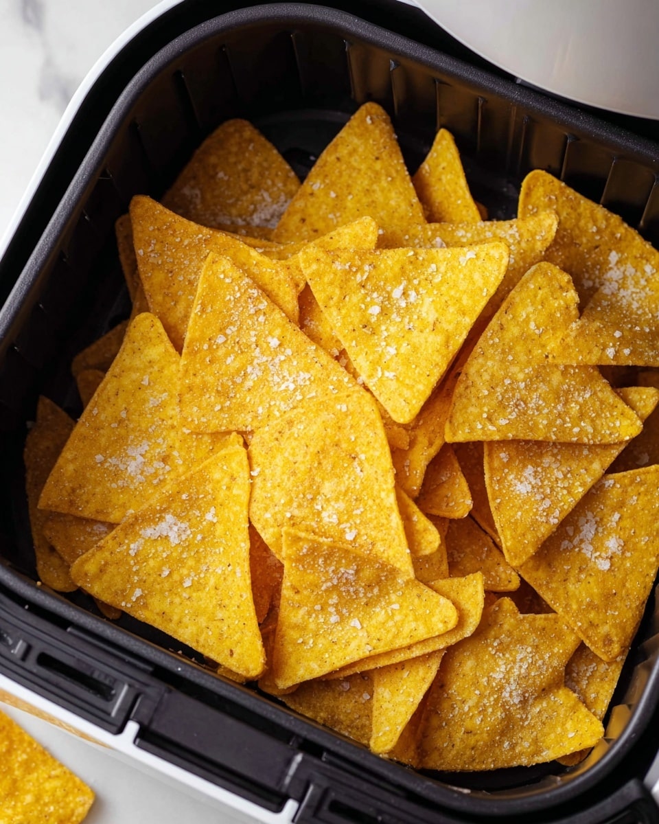 The image shows a white rectangular tray filled with a single layer of golden yellow tortilla chips, each sprinkled lightly with coarse salt. On the upper right corner of the tray sits a small clear glass bowl filled with a colorful salsa made of diced red tomatoes, white onions, and chopped green herbs, all mixed together. In the top part of the scene, there are two lime halves adding a touch of bright green, and a white marbled surface is visible underneath and around the tray. photo taken with an iphone --ar 4:5 --v 7