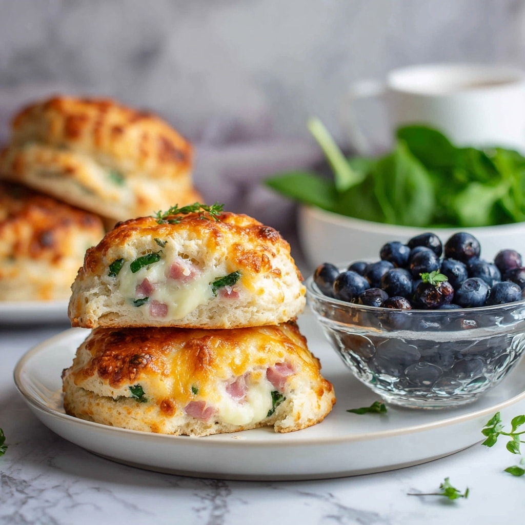 The image shows a white round plate filled with nine baked cheese and vegetable biscuits. Each biscuit has a golden-brown top layer with melted cheese that looks slightly crispy and bubbly. The middle layers reveal light yellow dough mixed with small pieces of green herbs and tiny bits of red, likely vegetables or ham, giving a speckled look throughout. The biscuits are slightly rounded, some with rough edges showing a soft, fluffy texture inside. The plate sits on a white marbled surface. Photo taken with an iphone --ar 4:5 --v 7