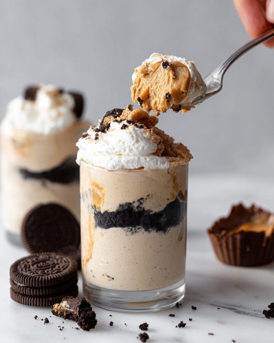 A clear glass shows a dessert with three visible layers: the bottom and top layers are light brown and creamy with a smooth texture, and the middle layer is a dark, crumbled cookie layer that contrasts sharply with the creamy layers. On top of the dessert is a thick, fluffy white whipped cream layer, slightly melting over the edges. A spoon held by a woman's hand is lifting a scoop from the top, showing the creamy light brown layer mixed with bits of the dark cookie and whipped cream. Around the glass, there are whole and broken dark chocolate sandwich cookies and a chocolate peanut butter cup on a white marbled surface. Photo taken with an iphone --ar 4:5 --v 7