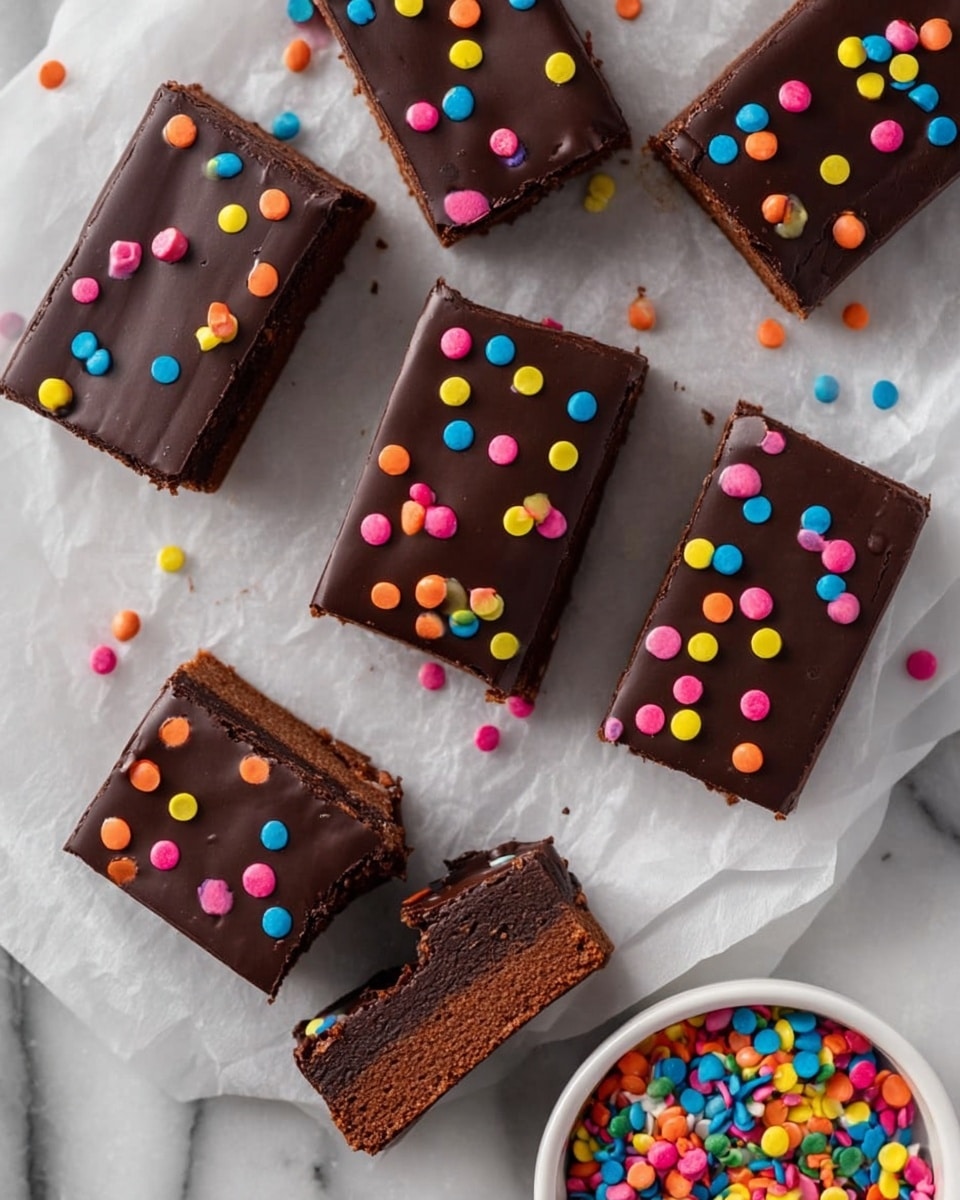 The image shows several thick square brownies with two layers: a dark brown, soft bottom layer and a smooth, shiny dark chocolate top layer. Each brownie is decorated with small, colorful heart-shaped sprinkles in bright red, blue, green, orange, yellow, and pink scattered evenly on top. One brownie in the center has a bite taken out of its corner, revealing the moist inside. In the background, there is a white bowl filled with more of the colorful sprinkles, and a few sprinkles are scattered on a white marbled surface underneath the brownies. Photo taken with an iphone --ar 4:5 --v 7
