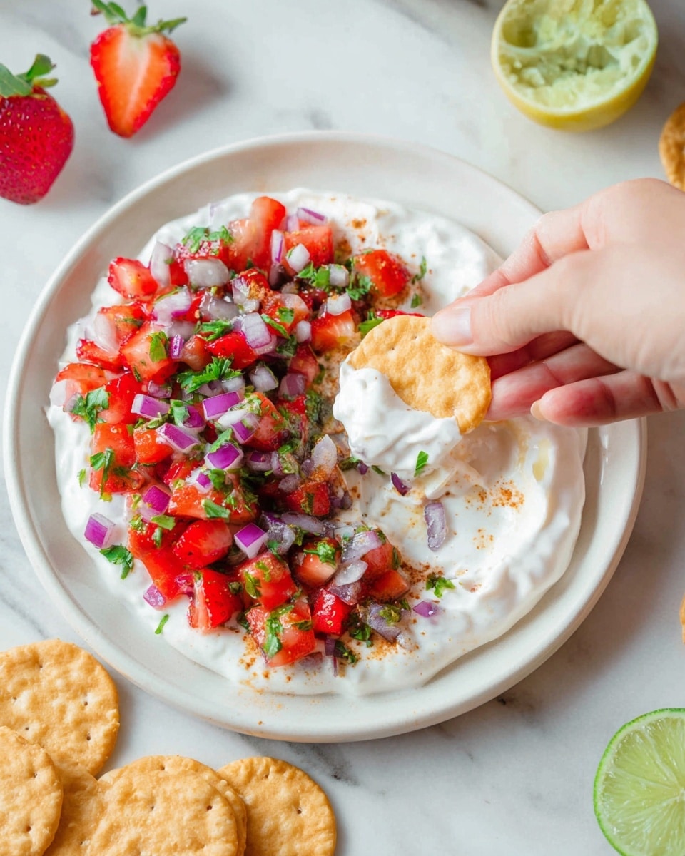 A white plate holds a dish with two main layers: the bottom layer is smooth and creamy white yogurt spread evenly across the plate, and on top of that is a fresh salsa made of chopped red strawberries, purple onion, and green herbs like cilantro, positioned mostly on one side of the plate. There is a small drizzle of yellow olive oil near the salsa, and a light sprinkle of brown spices on the yogurt. Around the plate, on a white marbled surface, there are some round crispy beige crackers, a wedge of lime, and a whole red strawberry. photo taken with an iphone --ar 4:5 --v 7