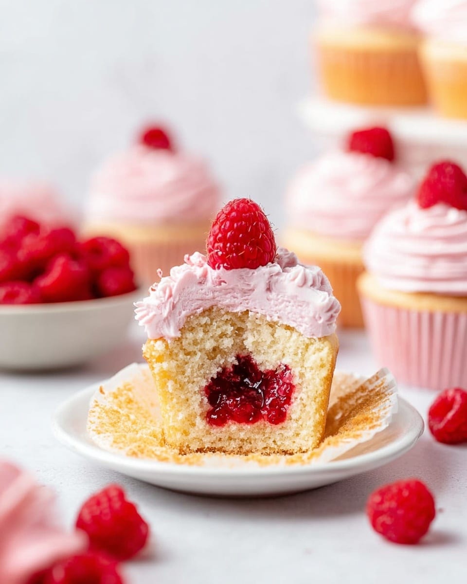 The image shows a cupcake cut in half placed on a white plate with a white marbled surface underneath. The cupcake has three layers: the base is a soft, light yellow cake; inside the cake, there is a bright red raspberry jam filling in the center; the top layer is light pink whipped frosting with a smooth, creamy texture, crowned with a fresh red raspberry. Surrounding the plate, there are whole red raspberries scattered and a bowl filled with raspberries in the background. Additional whole cupcakes with pink frosting and a raspberry on top are also slightly blurred in the background. The lighting is bright and soft, creating a light and fresh appearance. Photo taken with an iphone --ar 4:5 --v 7